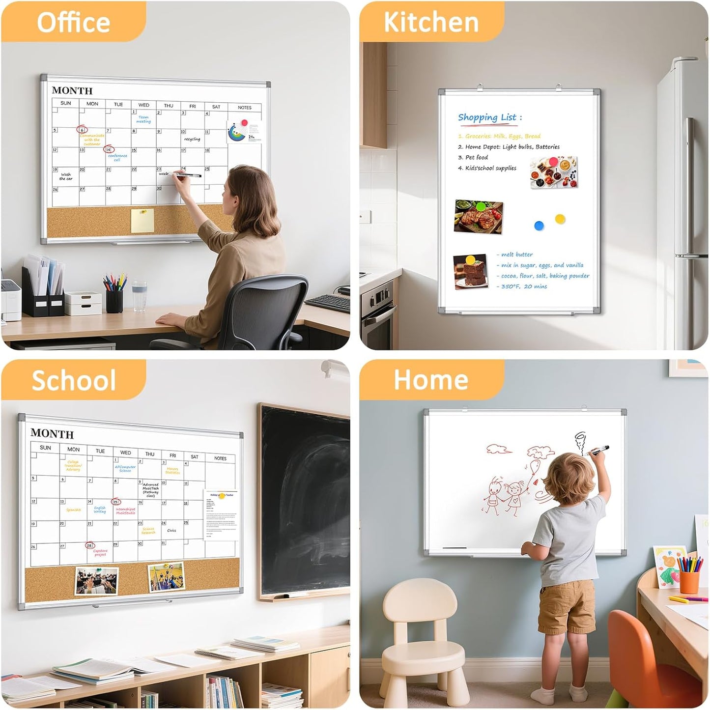 Large Dry Erase Calendar for Wall, 36"x24" Double-Sided Magnetic Whiteboard Calendar with Cork Board, Aluminum Frame Monthly White Board Memo Message Board for Office, Home, School, Kitchen