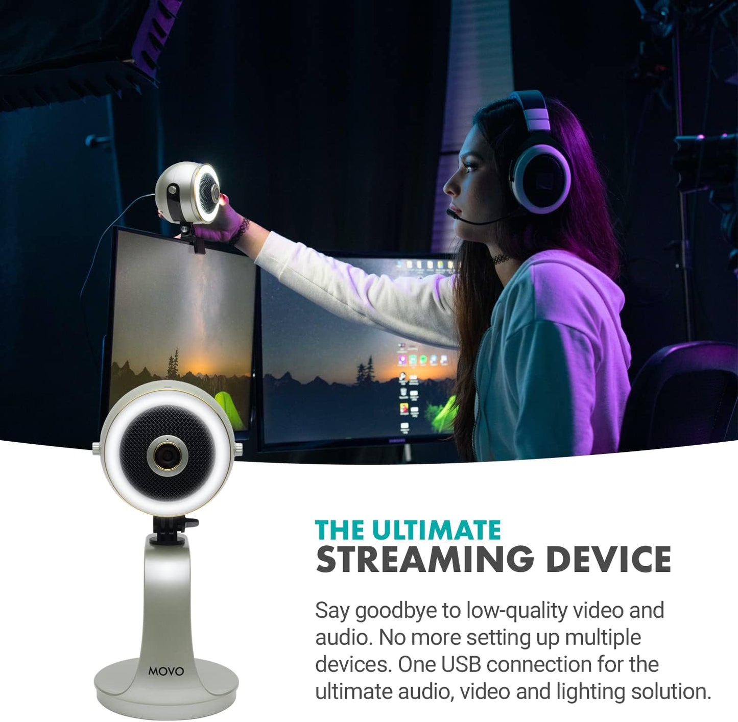 Movo WebMic HD Pro All-in-One Webcam with Mic and Ring Light in Silver- 1080p HD Camera, Pro Cardioid Condenser Microphone, LED Ring Light -HD Webcam for Streaming, Video Calls, Recording, Gaming