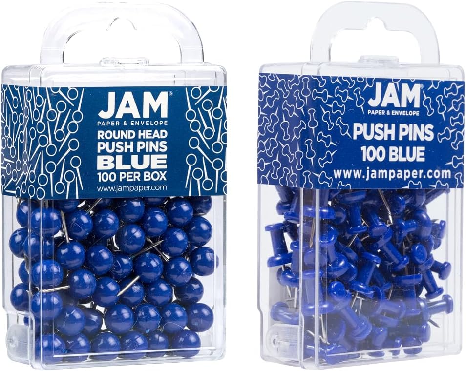 JAM PAPER Colorful Push Pins - Flat & Round Head Thumb Tack Combo Set - Blue Pushpins - 200/Pack
