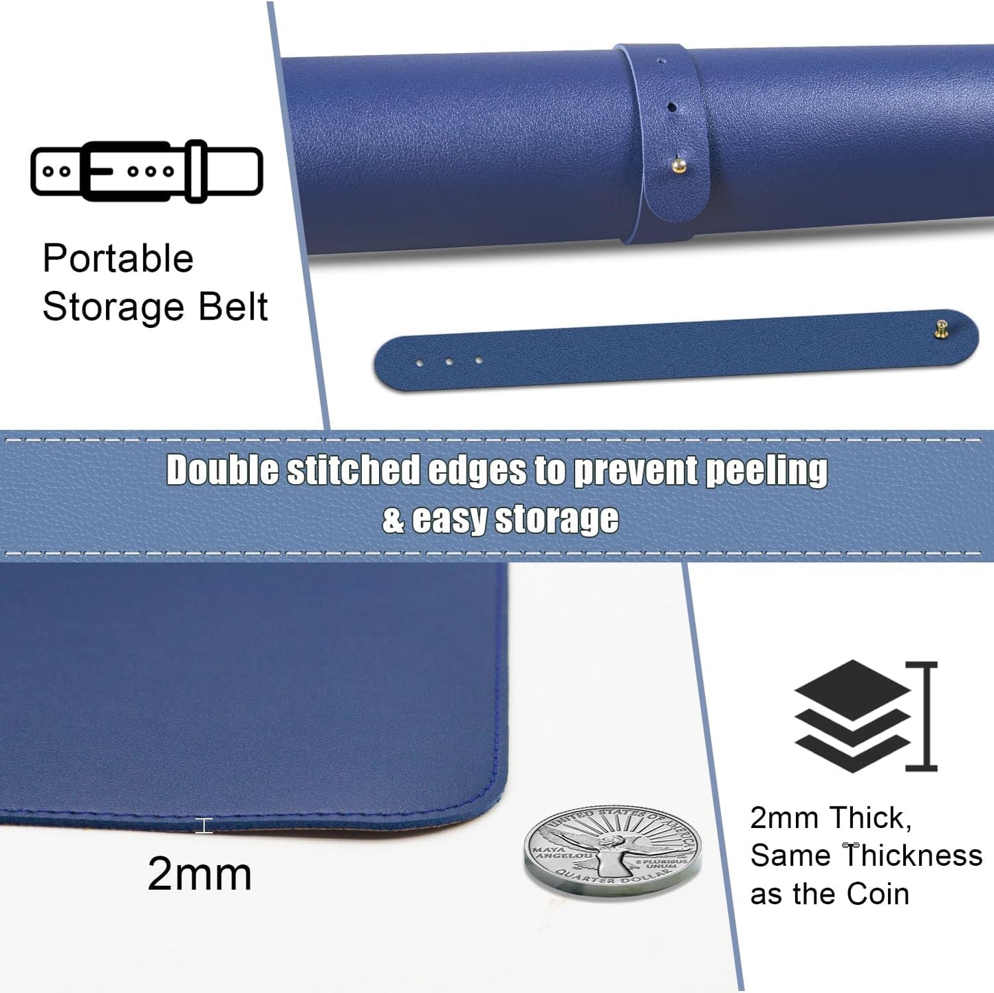 BLESWIN Large Desk Pad Mat 47.2"" x 17"", Office Desk Mat, Non-Slip PU Leather & Cork Desk Blotter for Keyboard and Mouse, Large Desk Mat, Large Mouse Pad for Office & Home(Dark Blue)