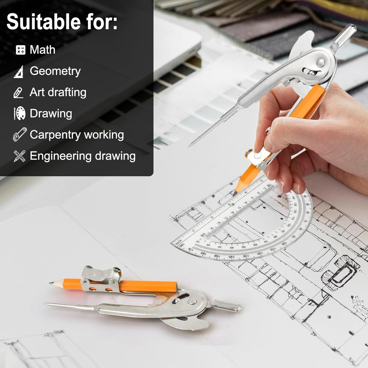24 Pack Geometry Tool Set, Math Compass for Geometry and 6 Inch Protractor Set Include Metal Compass with Pencil and Clear Plastic Protractor for Student Classroom Office Woodworking Art Drawing