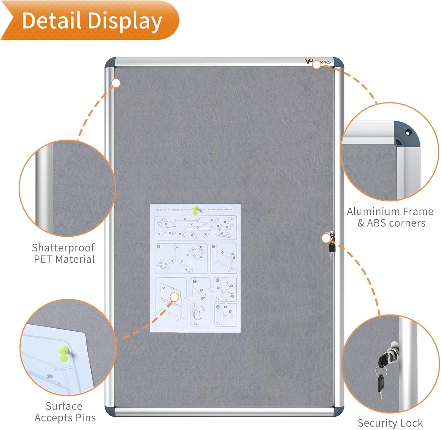 VIZ-PRO Tamperproof Lockable Gray Fabric Noticeboard Aluminium Framed 36x24 Inches