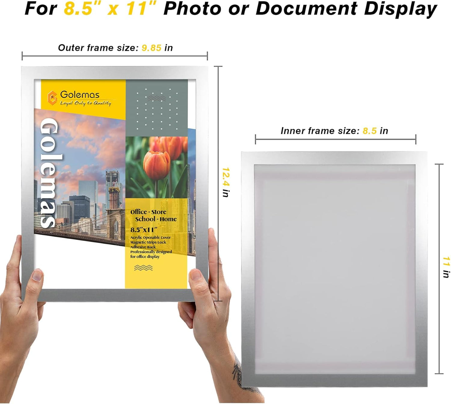 Acrylic Magnetic Sign Holder, Easy-Opening 8.5 x 11 Wall Mount Display Frames, Self Adhesive Back Plastic Clear Document Frame, Horizontal & Vertical Display (Silver, 3Pack)