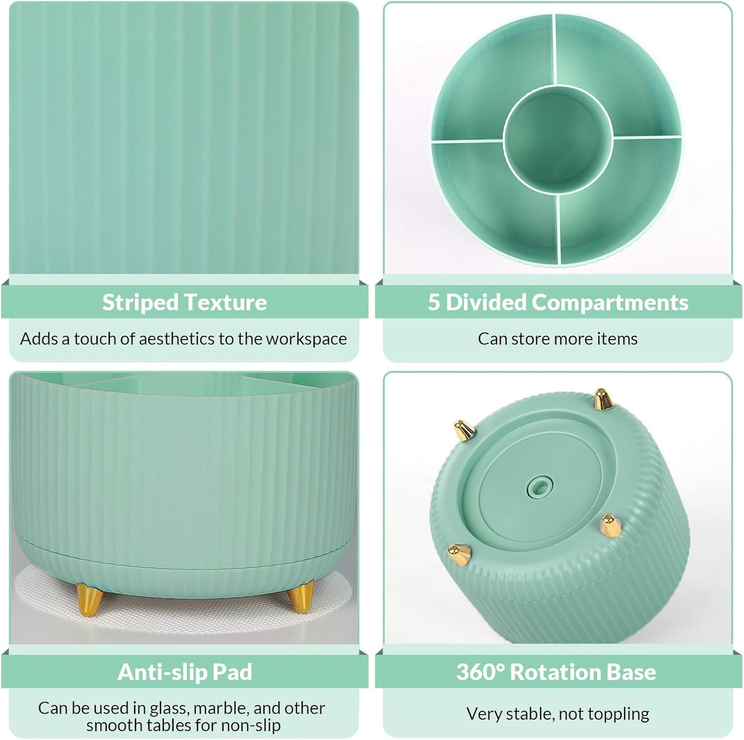 SKYDUE 360 Degree Rotating Desk Organizer, Dual-Purpose Pencil Pen Holder for Desktop, Rotating Desk Pen Organizer with 5 Slots, Pencil Cup for School, Home, Office Supplies (Bean Green)