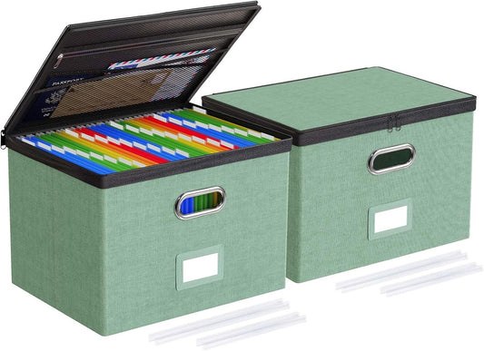 Oterri 2 Pack Large File Organizer Boxes with Lids, File Box with Mesh Pockets, Document Organizer Box for Letter/Legal Size Folders, Zippers Important Document Organizer (Green, Without Folders)