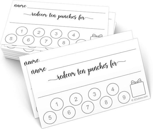 321Done Loyalty Punch Cards, Made in USA - Customer Reward Card 3.5x2, Business Card Size, Redeem 10 Punches or Visit for Prize, White - Set of 50