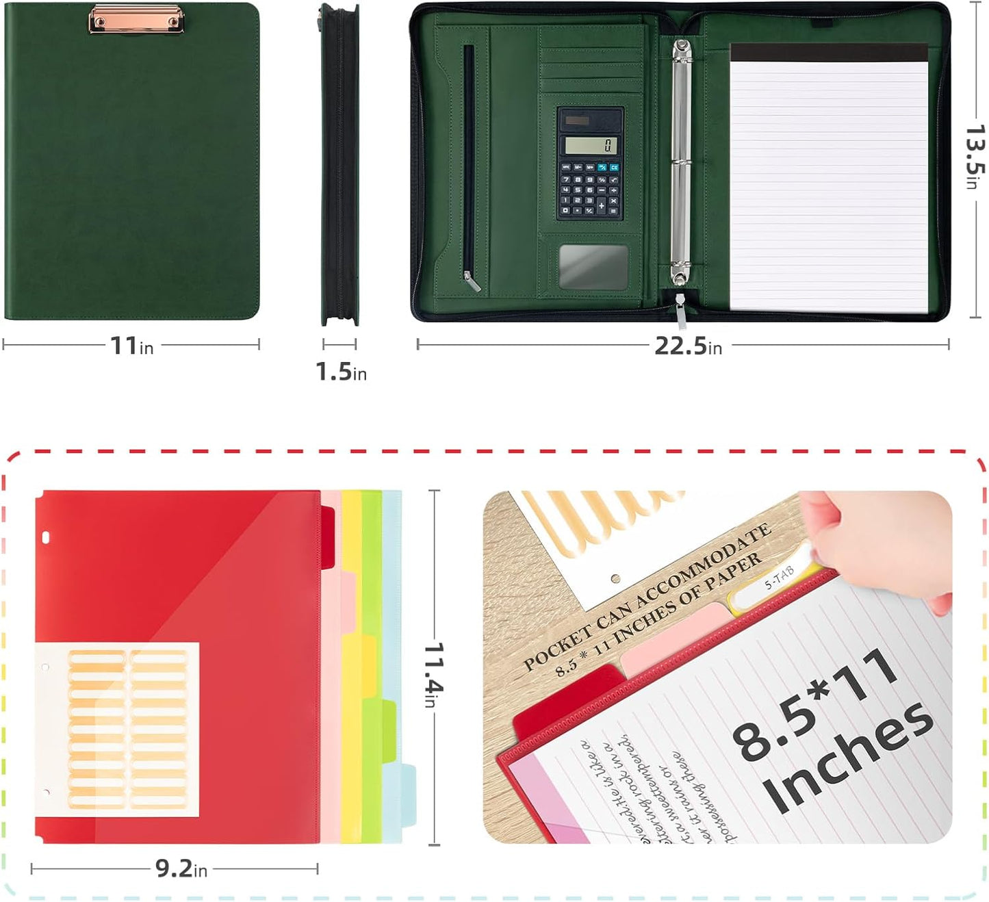 Ospelelf Green Clipboard with Storage 3 Binder Leather Portfolio Folder with Zipper, 12.1” Tablet Sleeve, 5 Dividers with Pocket, Refillable Notepad, Card Slot