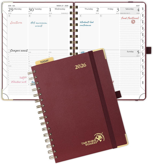 POPRUN 2026 Planner (Medium Size 8.5'' x 6.25'' Wire-Bound Hard Cover) Daily Weekly and Monthly Calendar - Agenda 2026 (Jan.2026-Dec.2026) with Hourly Schedule, Monthly Tabs - Burgundy