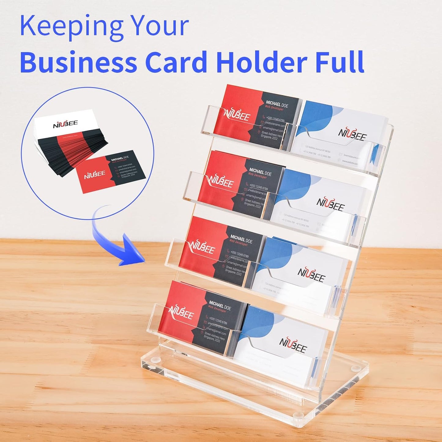 NIUBEE Acrylic Business Card Holder for Desk 4 Tier Clear Business Card Stand, Business Card Display for Office Exhibition, 520 Cards Capacity, 8 Slots