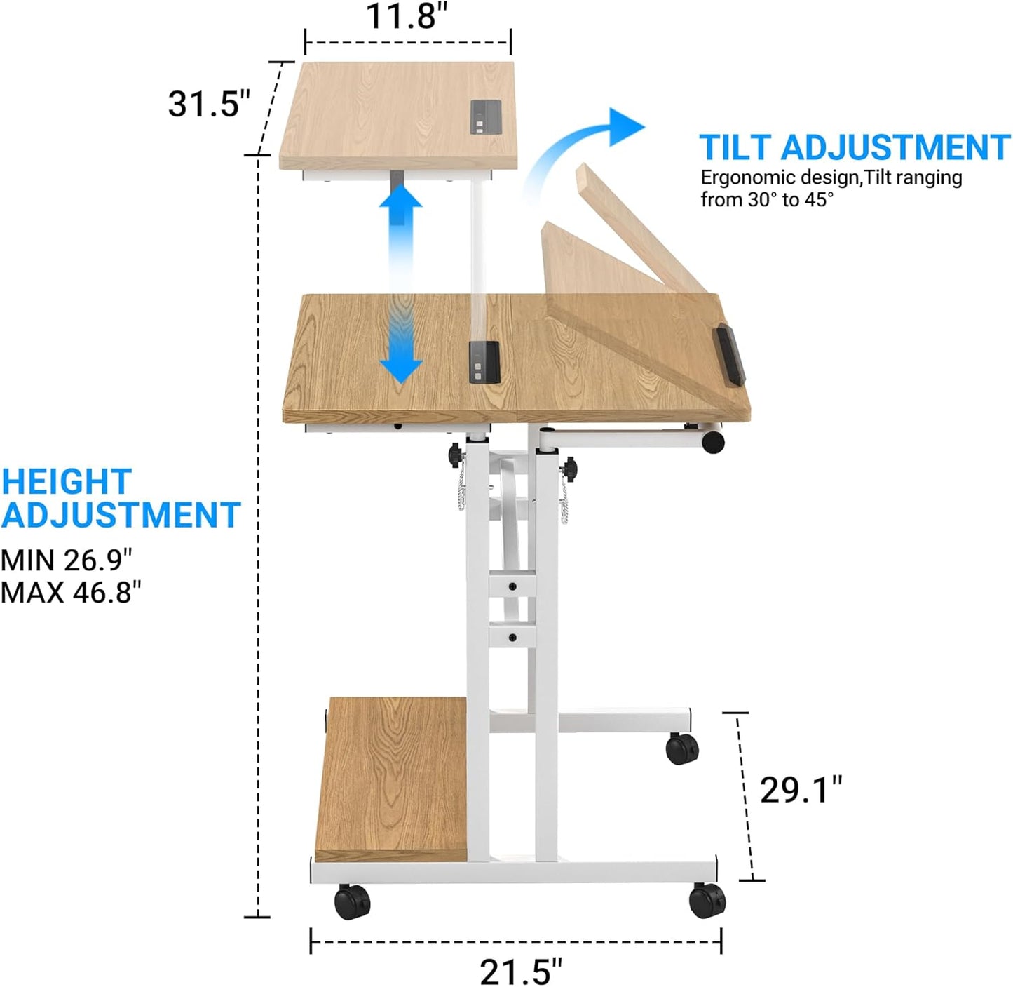Mobile Standing Desk, Adjustable Rolling Computer Desk with 3 Desktops, Portable Laptop Table with Cup Holder, Home Office Laptop Workstation on Lockable Wheels,Khaki