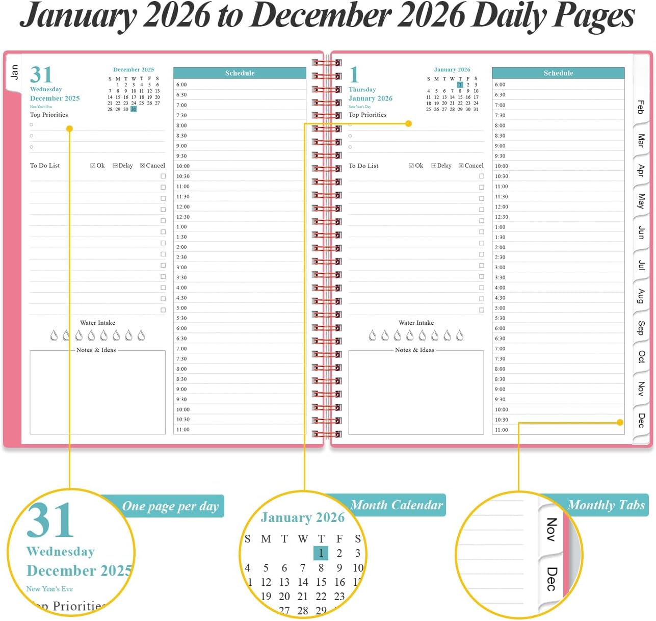 2026 Daily & Monthly Planner - One Page Per Day, Daily Planner from January 2026 - December 2026, Planner 2026 with 12 Monthly Tabs, 8.5" x 11", Pink