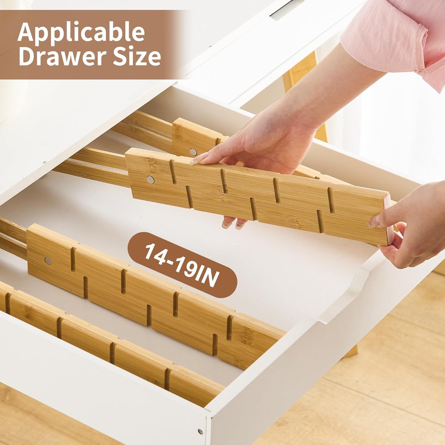 FILWH Bamboo Drawer Dividers with Inserts kitchen drawer organizer Adjustable Expandable 8 Pack Organizer Set for Kitchen Bedroom Bathroom Office 8 Dividers with 16 Inserts (Natural, Small (14-19IN))