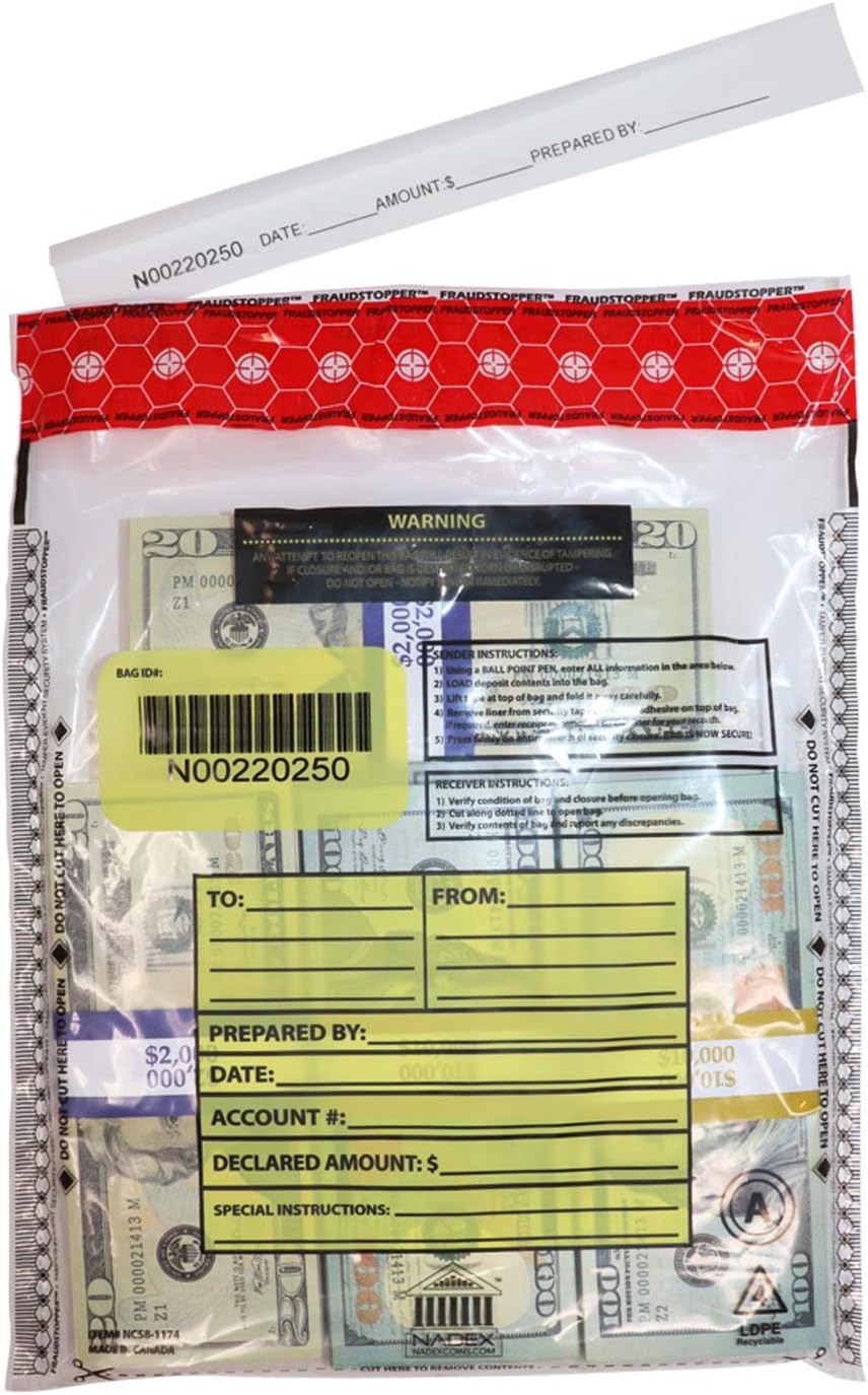 Nadex 9 x 12 Inch Tamper Evident Bank Deposit Bags with FRAUDSTOPPER - 4 Tamper Indicator Security, 100 Pack (Clear)