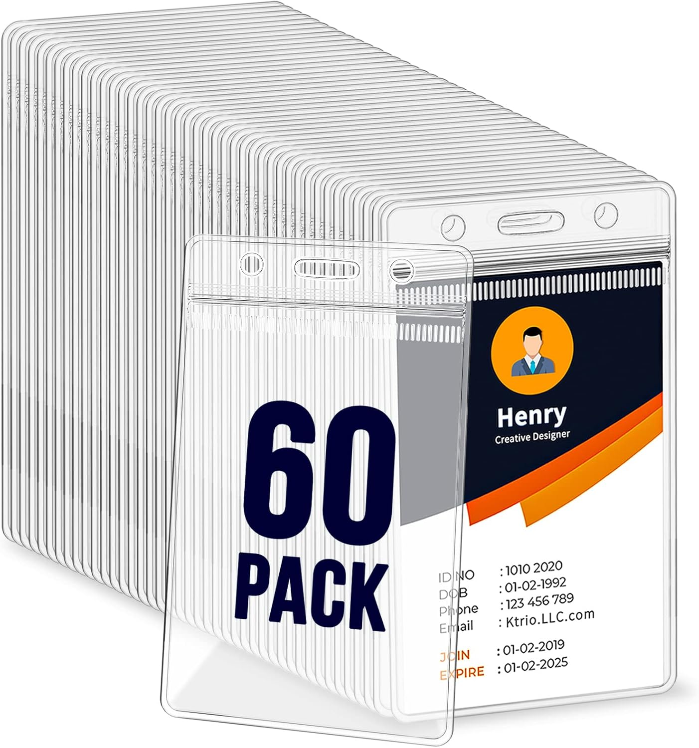 60 Pack Badge Holder, Plastic ID Badge Holder, Clear Waterproof ID Card Holder with Resealable Zip, 2.5" x 3.8" Vertical Name Tag Holder for Nurses and Office, Fits ID Card/Credit Card/Student Card