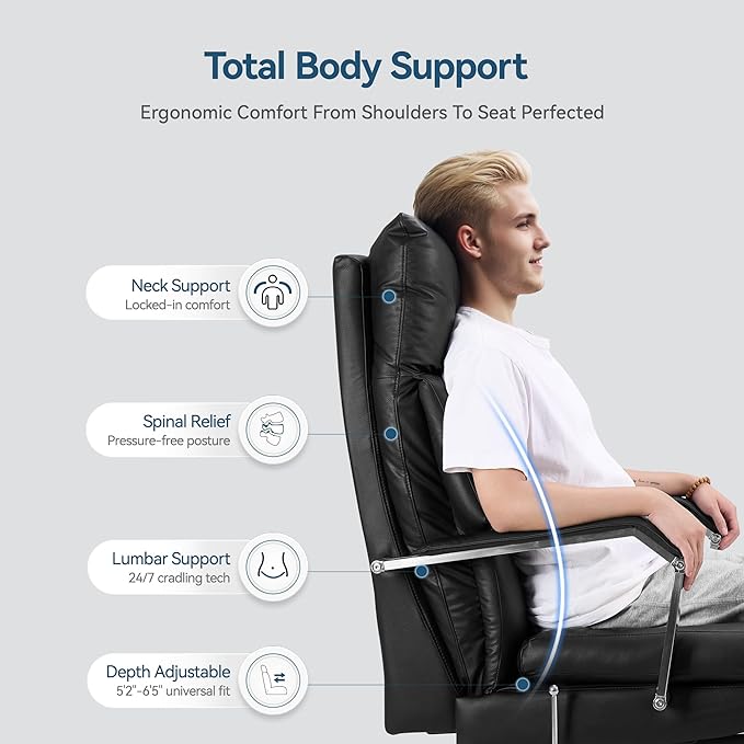 Reclining Office Chair with Footrest - 25.6" Wide Seat & Adjustable Seat Depth, Big and Tall High Back Leather Executive Home Office Desk Chair 400lbs, Black