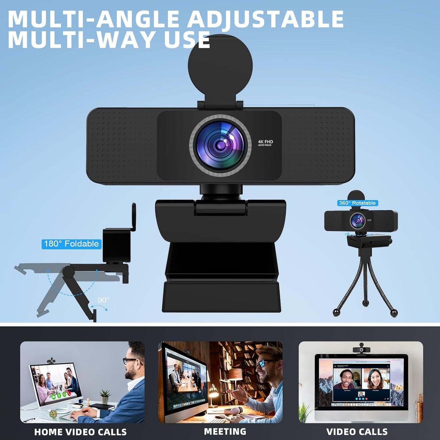 4K Webcam for PC - Autofocus, Noise-Canceling Mic, USB Plug & Play with Privacy Cover Camera 4K for Zoom/Teams/Skype/Google Meet
