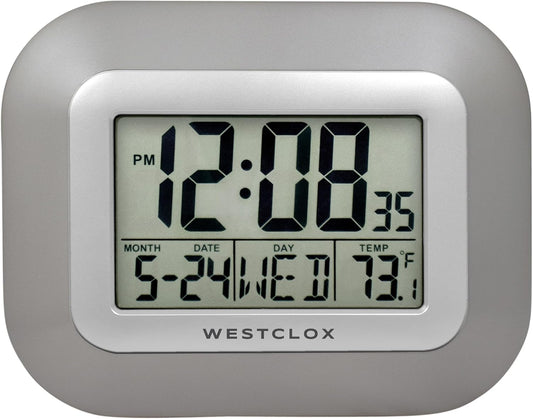 Westclox Large Digital Wall Clock Battery Operated Large Digital Clock with Temperature Date and Day of Week with Alarm | Modern Digital Desk Clock for Office Kitchen Bedroom or Living Room | Silver