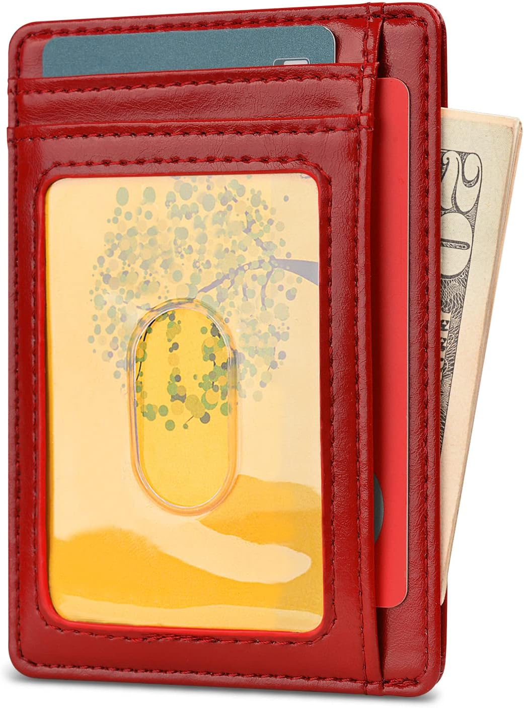 Buffway Slim Minimalist Front Pocket RFID Blocking Leather Wallets for Men and Women - Alaska Cherry