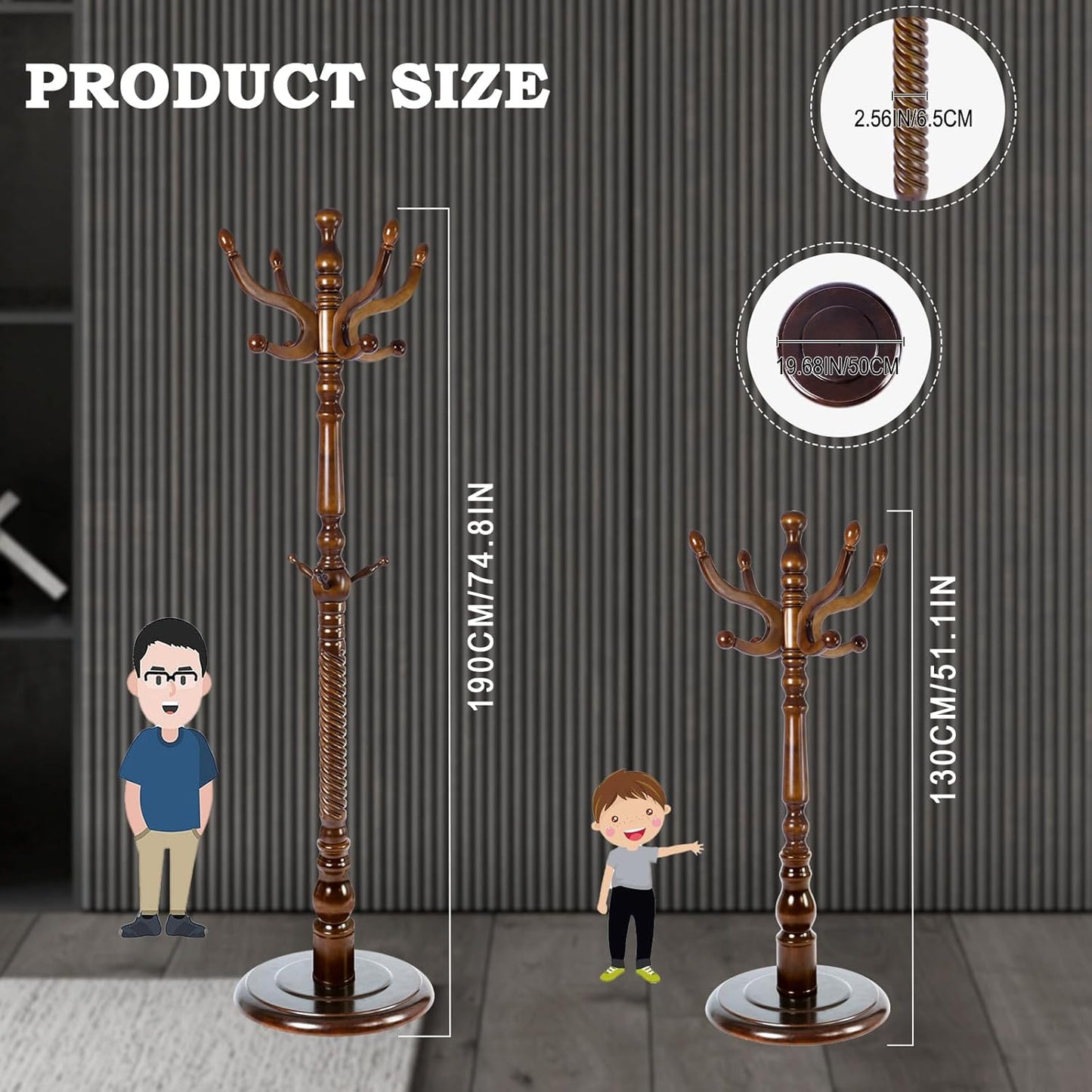 Coat Racks FreeStanding with 11 Hooks, Natural Wood Coat Rack with Solid Round Base, Adjustable Height Coat Racks, Easy Assembly for Hallway, Bedroom and Office (Walnut-Solid Round Base)