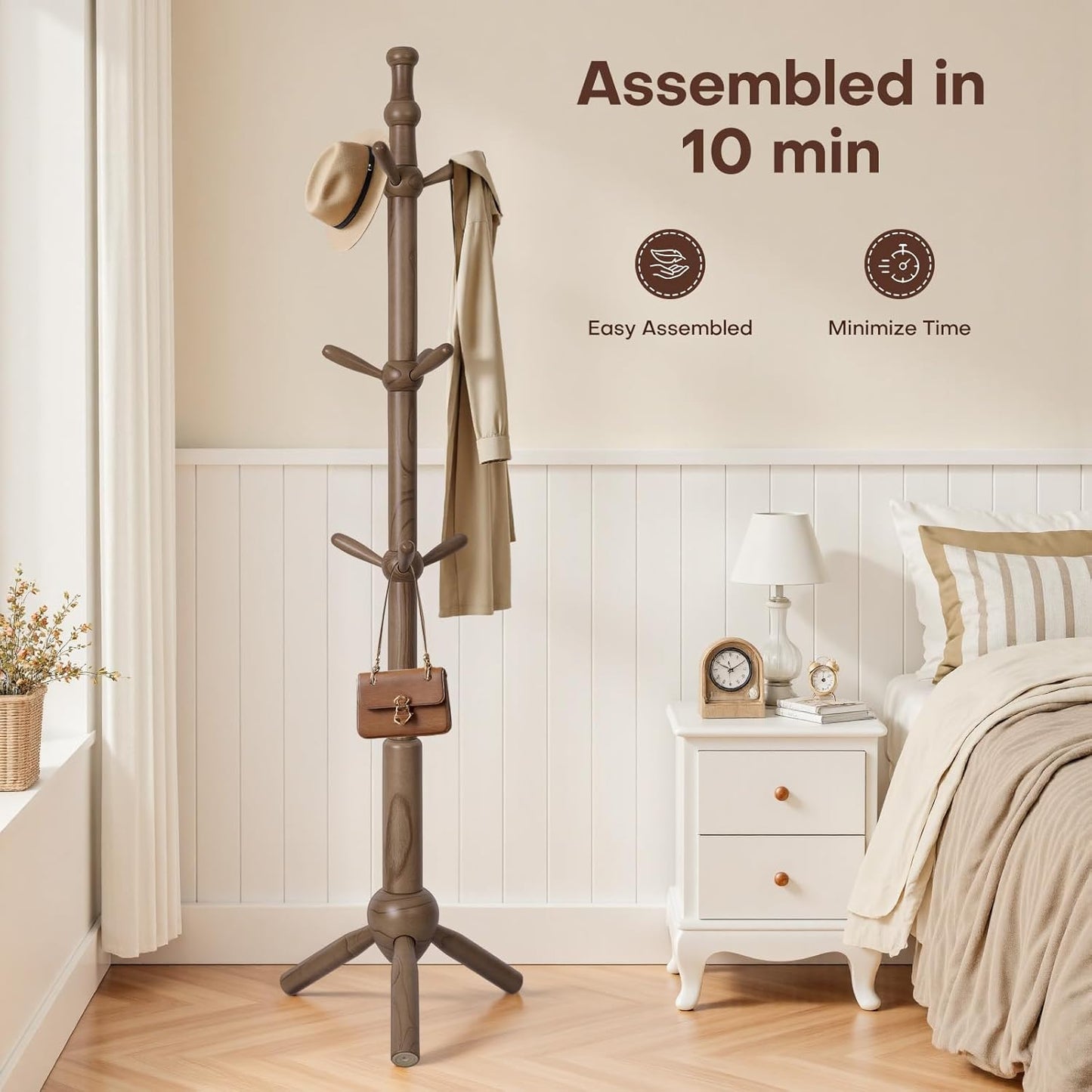 Wooden Coat Rack Stand - Coat Rack Freestanding with 9 Hooks, Adjustable Height, Clothes Hat Organizer, Heavy Duty Coat Hanger Stand for Bedroom, Entryway, Hallway, Office, Dorm, Walnut