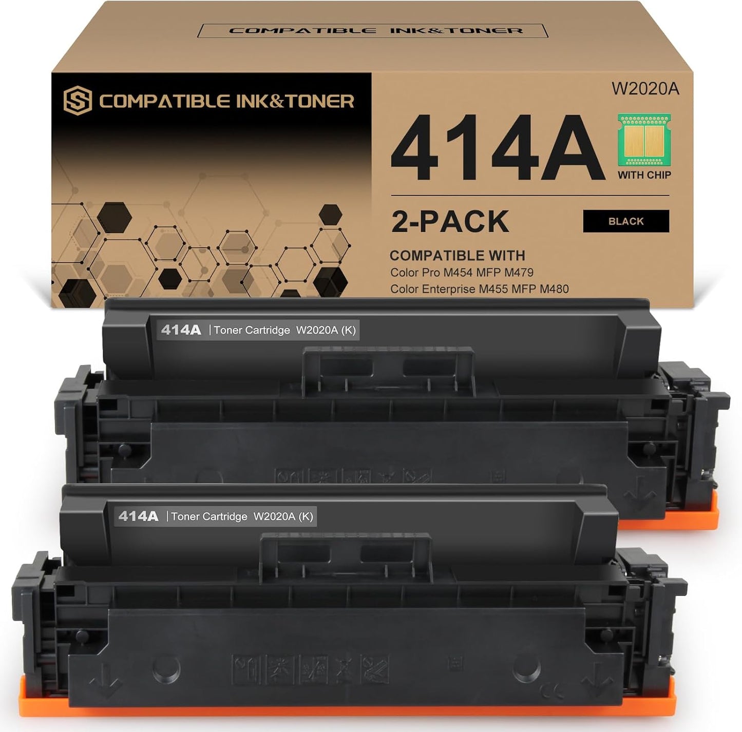 414A Toner Cartridges Black (with Chip) Works with Color Pro MFP M479fdw M479fdn M454dw M454dn M479dw M455dn M479 M454, Enterprise Laser Jet M455dn M480f Printer | W2020A 414X W2020X, Pack of 2