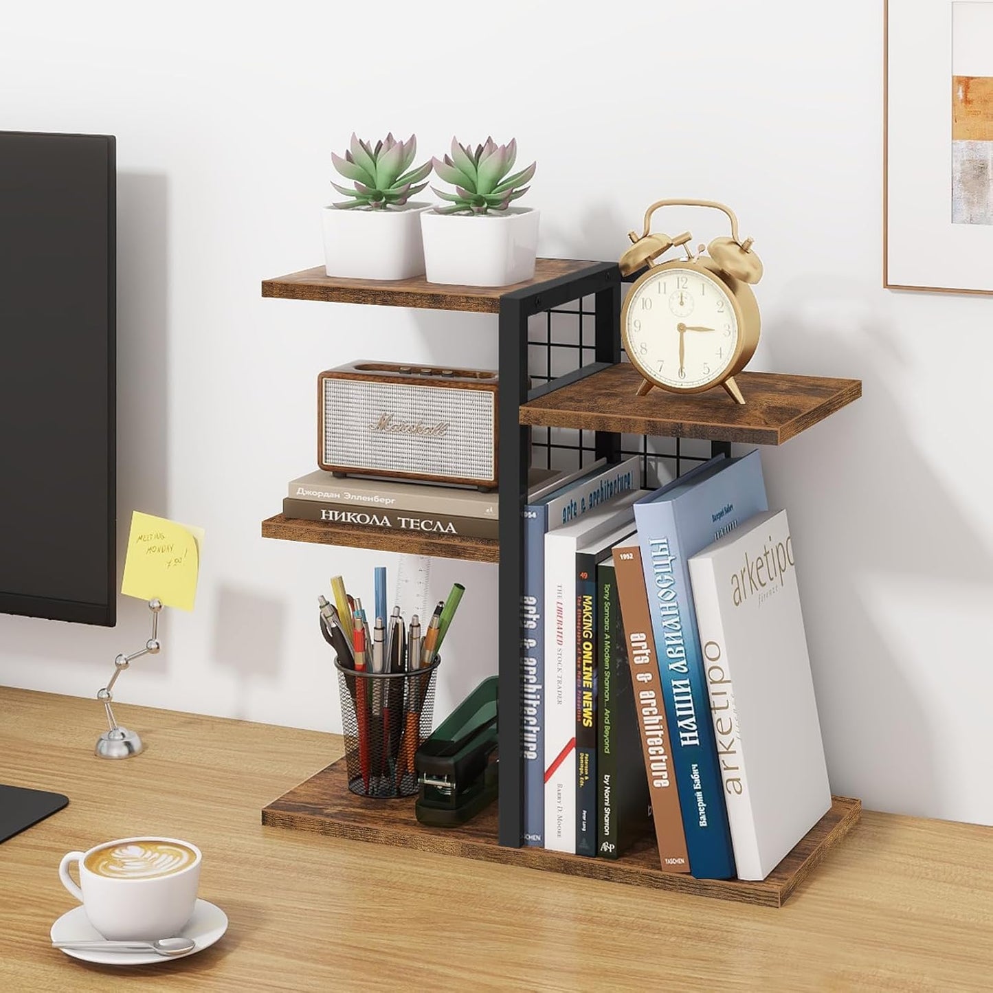 ELITEROO Desktop Shelf Organizer, 4-Tier Wooden Desk Bookshelf, Small Tabletop Book Shelf, Adjustable Display Rack for Home, Office, Dorm, Rustic Brown