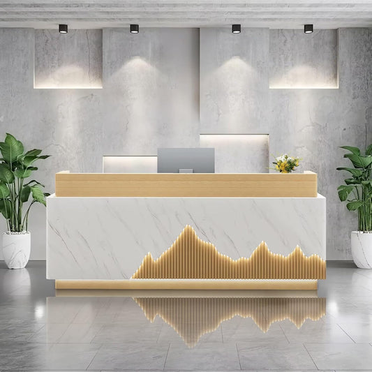 Reception Desk Modern Front Office Desk Reception Counter Receptionist Room Tables with Lock Drawer Checkout Cashier Counter for Lobby Beauty Salon, No Assembly Required White and Wood 79inch