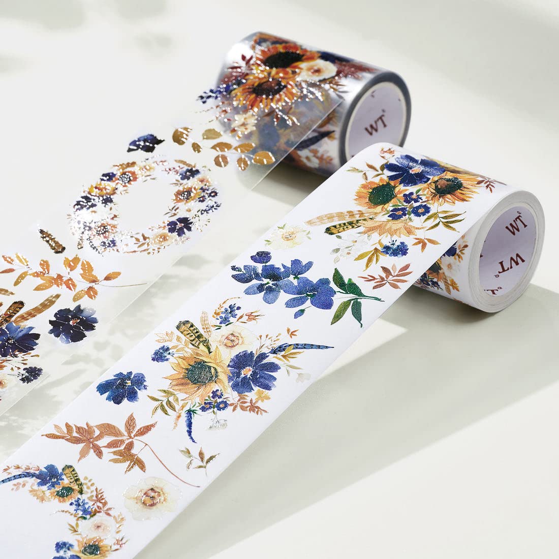 WT PET Tape, Floral Sunflower & Navy Design, Wide Decorative Craft Tape, Single Roll, Clear Transparent Tape for Bujo Planner & DIY Scrapbooking Supplies