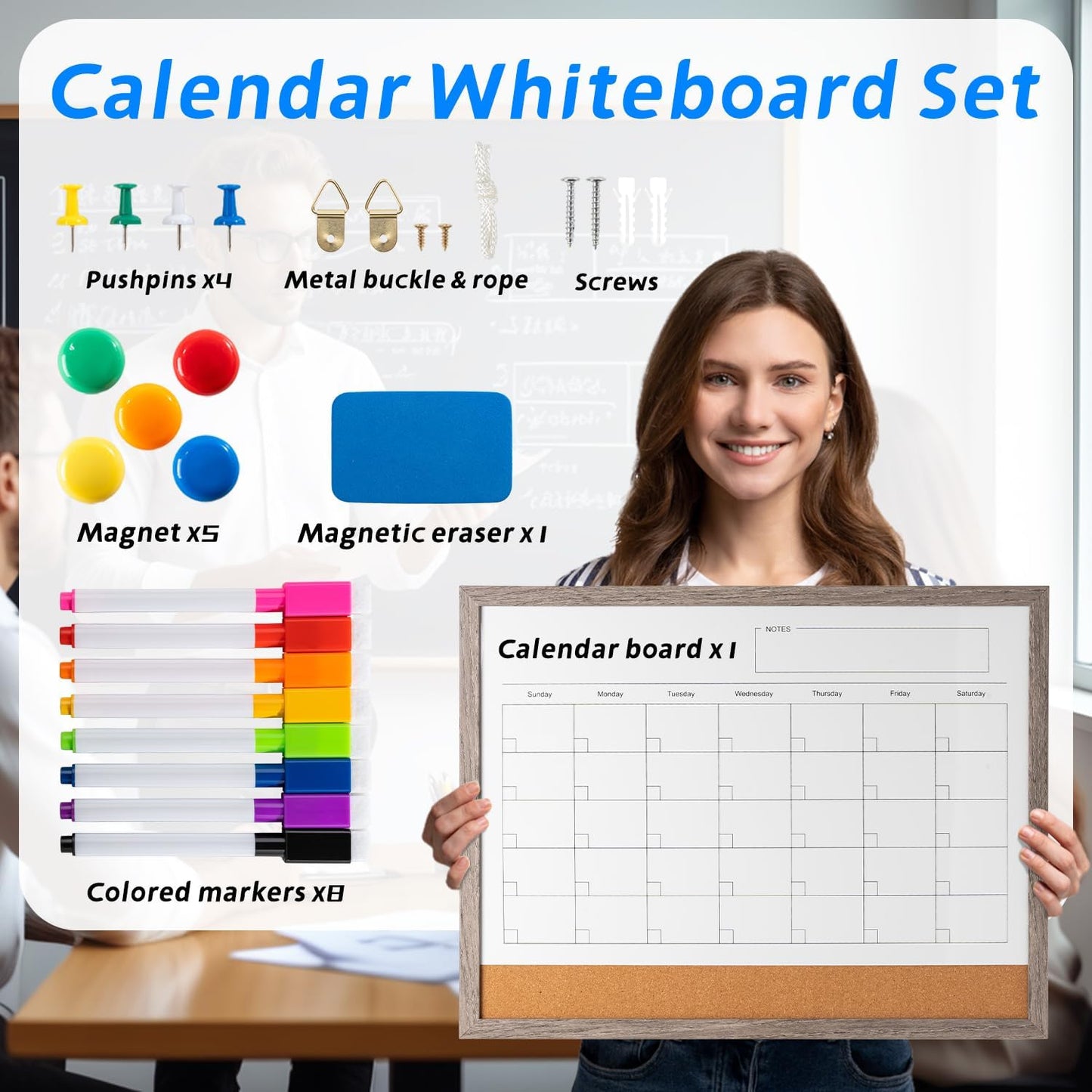 Dry Erase Calendar Whiteboard, 17" x 13" Magnetic Whiteboard Cork Board Combo, Reusable Monthly Planner with 8 Markers, Eraser, Magnets and Push Pins to Hang Dry Erase Board for Home, School - Gray