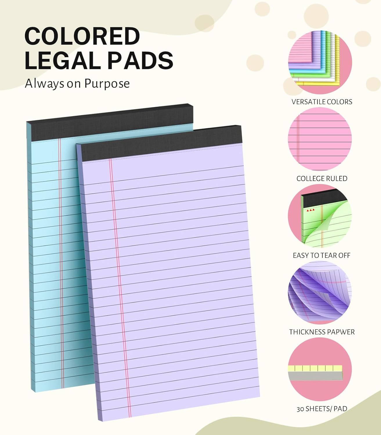 Small Legal Pads 5x8 Colored, 36 Pack Note Pads 5x8, Perforated Pink Legal Pad College Ruled, 30 Sheet/Pad, Lined Paper Pads 5x8 Notebook Pad, Purple Legal Pads 5x8 for Study, Office, Home