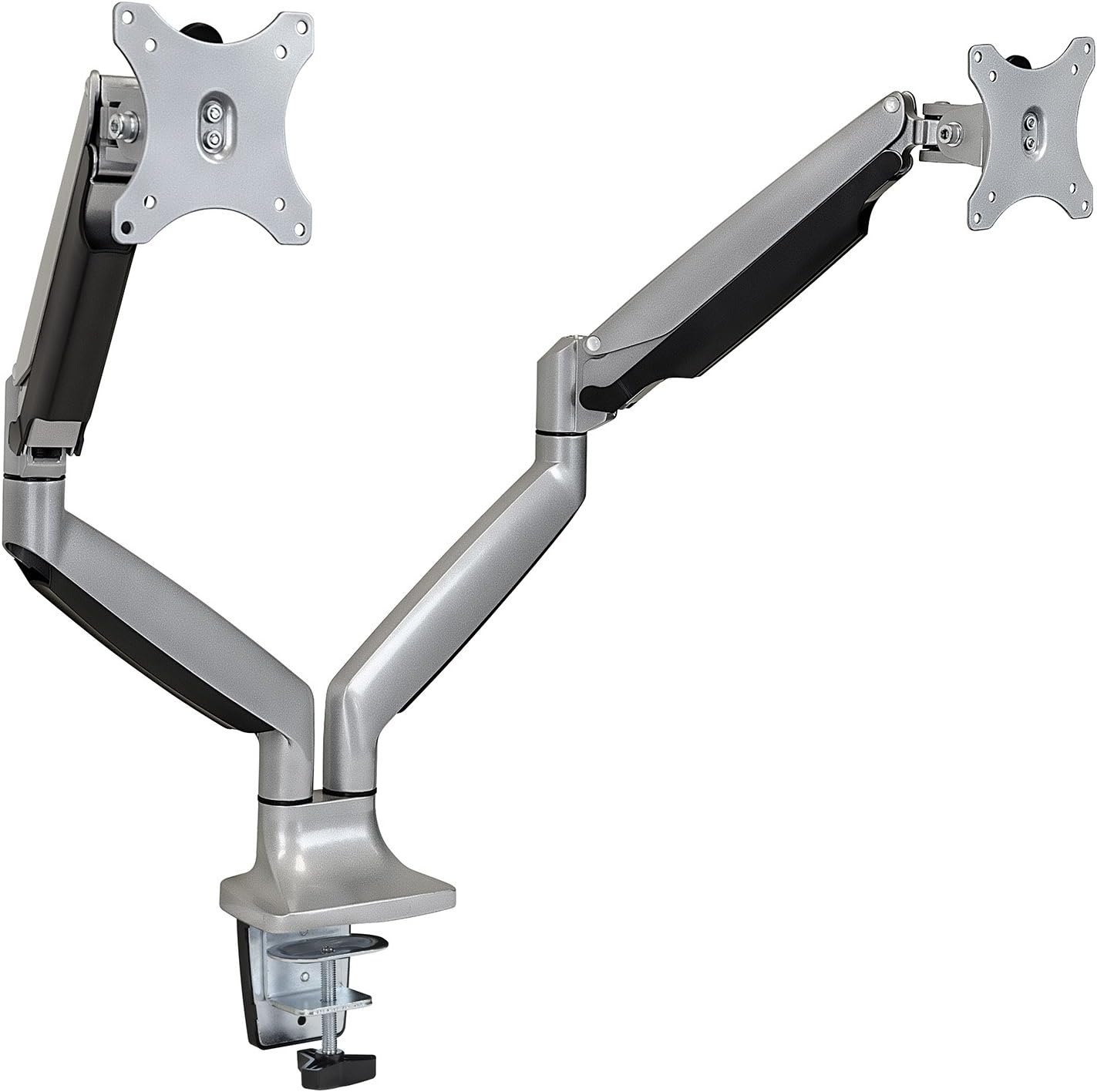 Mount-It! (MI-1772) Dual Monitor Arm Mount Desk Stand Two Articulating Gas Spring Height Adjustable Arms | Fits Up To 32" VESA 75 100 Compatible Screens | C-Clamp and Grommet Bases (Silver)