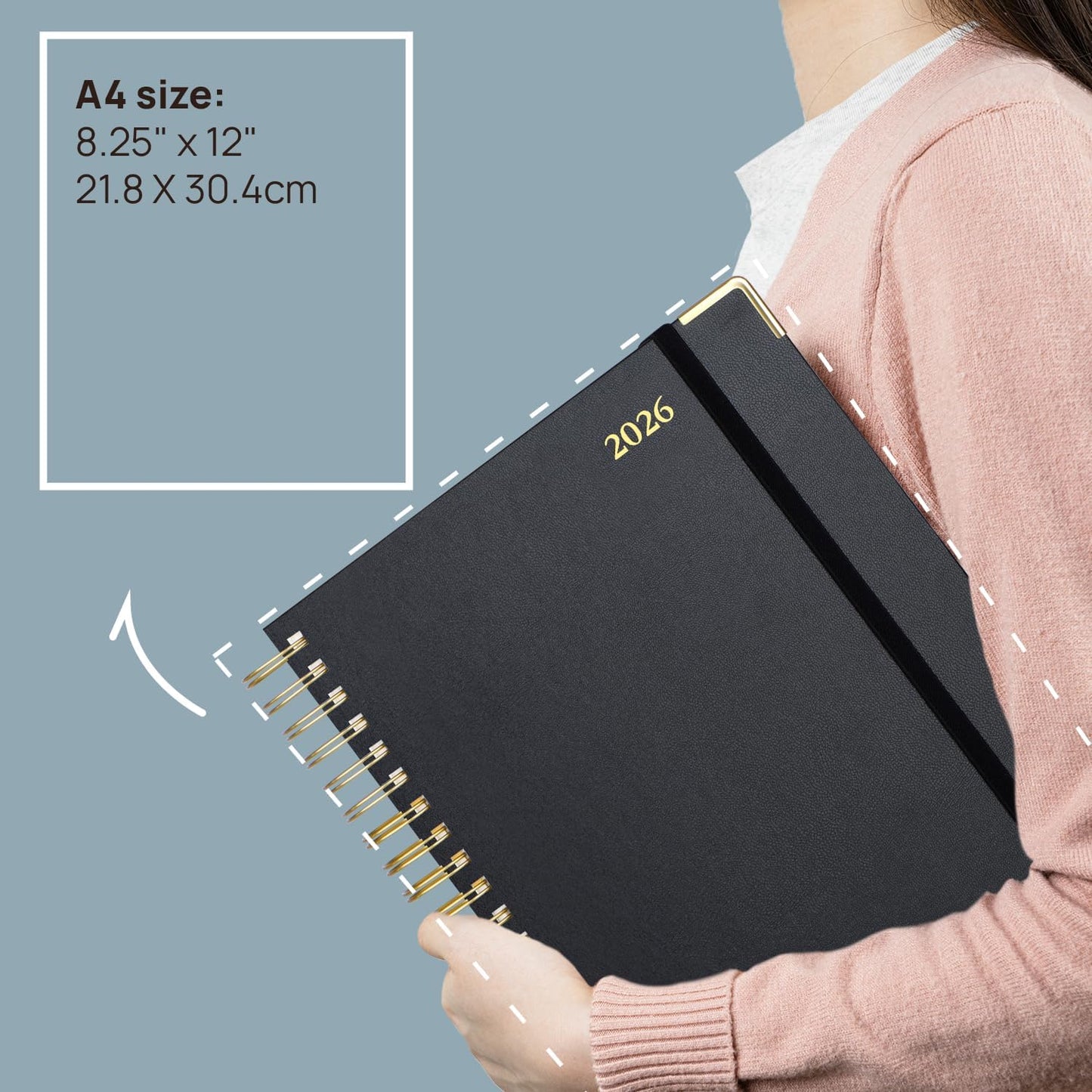 POPRUN 2026 Daily Planner One Page A Day - [A4 Large Size 8.25" x 12" -Spiral Hard Cover], Agenda 2026 Hourly Appointment Book with Monthly Calendar, Pen Holder, Ivory Paper -Violet