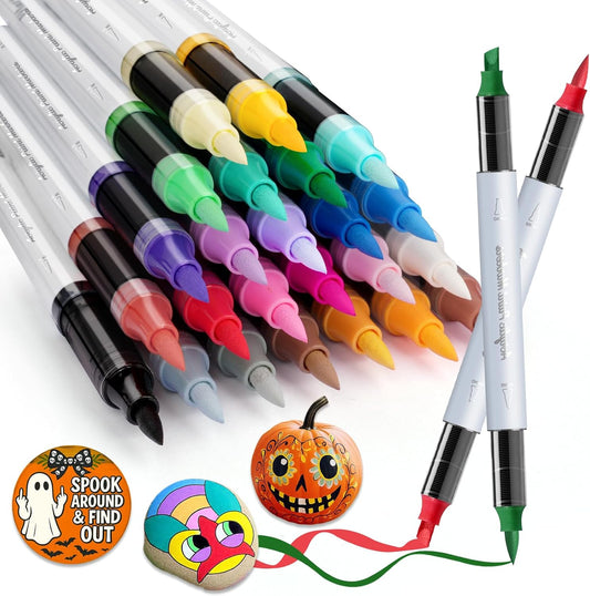 SFAIH Pumpkin Acrylic Markers, 24 Colors Halloween Decor Paint Pens for Pumpkin Decorating, Costume Making, Dual Tips (1-6mm Brush & 0.5-4mm Chisel) for Glass, Ceramic, fabric, Waterproof & Quick-Dry