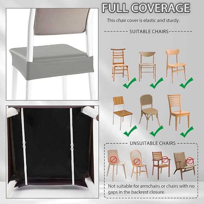CWK Waterproof PU Leather Dining Chair Covers Set of 2-Stretchable Chair Seat Slipcovers, Removable & Washable Protector for Dining Room,Home,Office,Wedding,Rear Covers (PU-Silver)