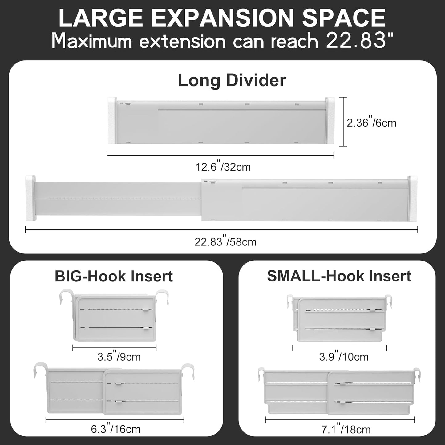 HiYZ Expandable Drawer Dividers with Inserts - Adjustable Drawer Organizers Separators for Kitchen, Bedroom, Dresser, Office, 3 Long Dividers(12.6-22.8 IN) with 6 Inserts(3.9-7.1 IN) - Gray
