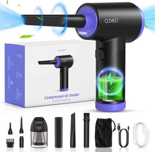 CLEVAST Compressed Air Duster - 3 Gear 110000RPM Electric Air Duster, 3 in 1 Versatile with LED - Cordless Dust Blower & Mini Vacuum & Inflating for PC, Computer, Keyboard, Rechargeable Canned Air