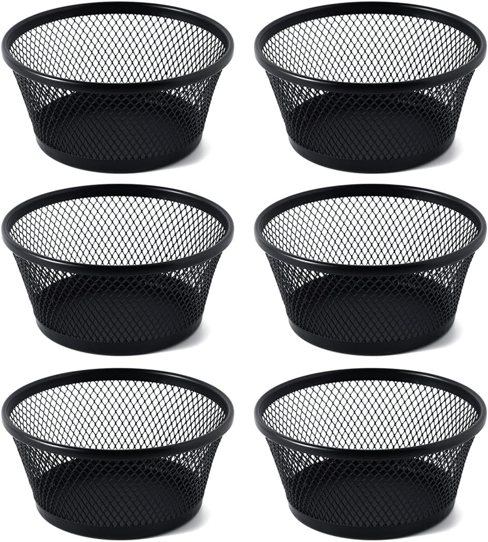 SLSON 6Pack Paper Clip Holder Wire Mesh Paperclip Dish Holders Desktop Round Paper Clip Dispenser for Desk Office Organizer Accessories,Black