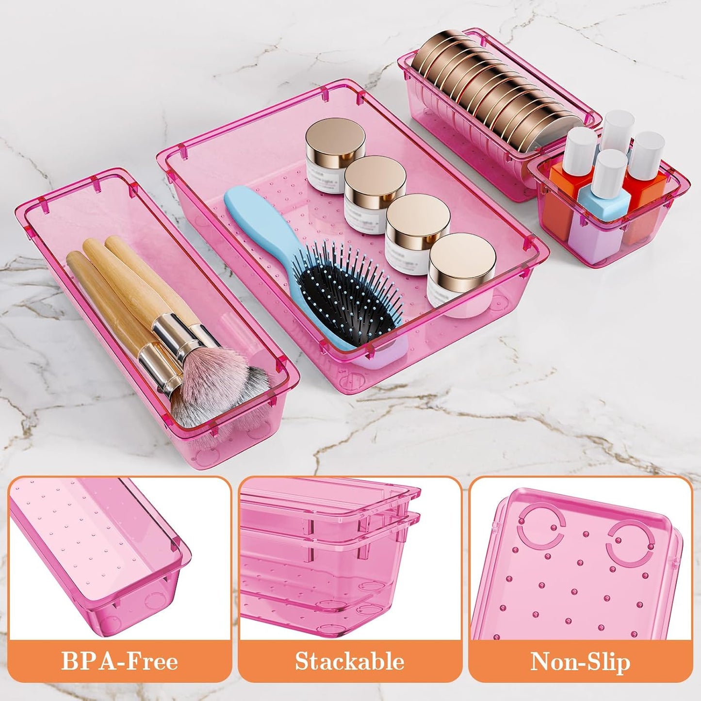 25 PCS Plastic Drawer Organizer Set, 4-Size Versatile Organizer Trays & storage Bins for Makeup, Jewelry, and Gadgets in Bathroom, Bedroom and Office, Clear Pink