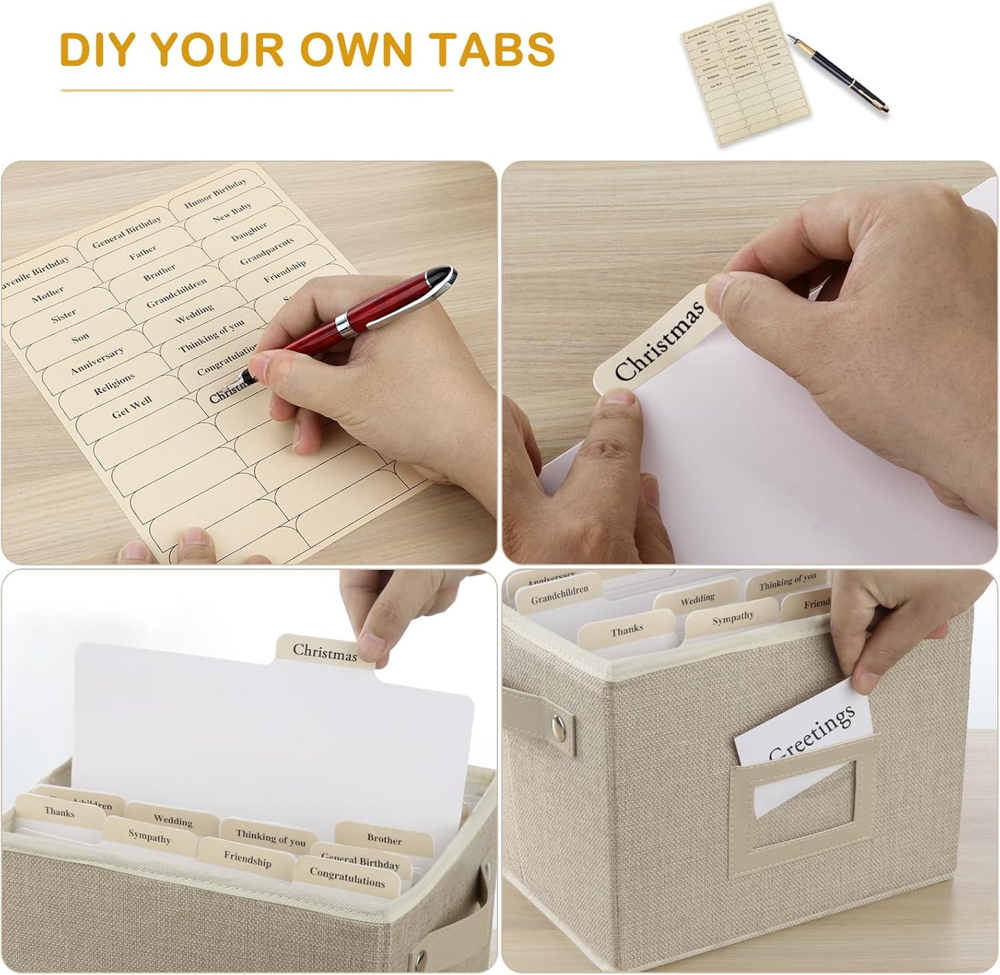 Greeting Card Organizer Box with 16 Dividers,Collapsible Greeting Card Storage Box with Handles Hold 150+ Cards,Greeting Card Holder for Greeting Cards,Sticker, Recipes, Photo, Envelope (Beige, 2 pcs)