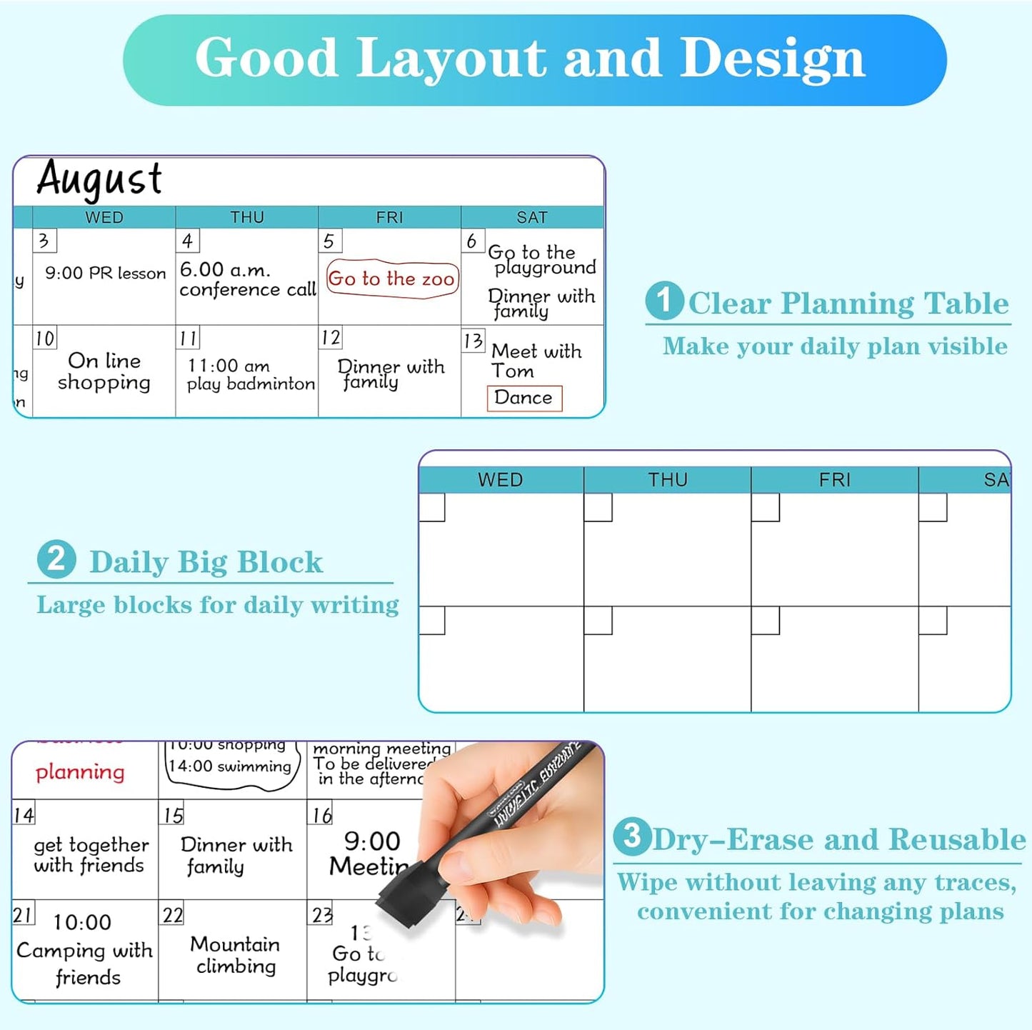 Dry Erase Calendar for Wall - 38" x 58" Extra Large White Board Calendar, One Month Undated Blank Daily Planner, Reusable Laminated 30-Day Task Organizer for Office, Classroom, Home(No Creases)