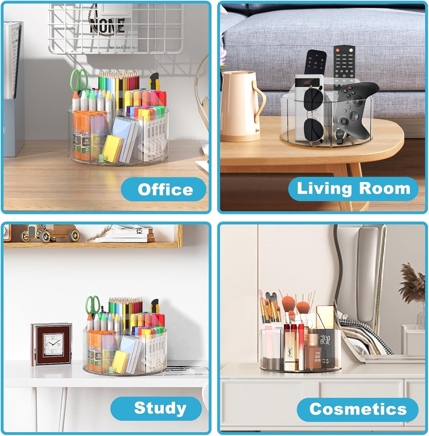 Acrylic Desk Organizer Clear Pen Holder 2 Packs, 360 Degree Pencil Holder for Desk Kids, Rotating Lazy Susan Organizer for School Supplies, Marker Holder Art Supply Storage Organizer with Dividers