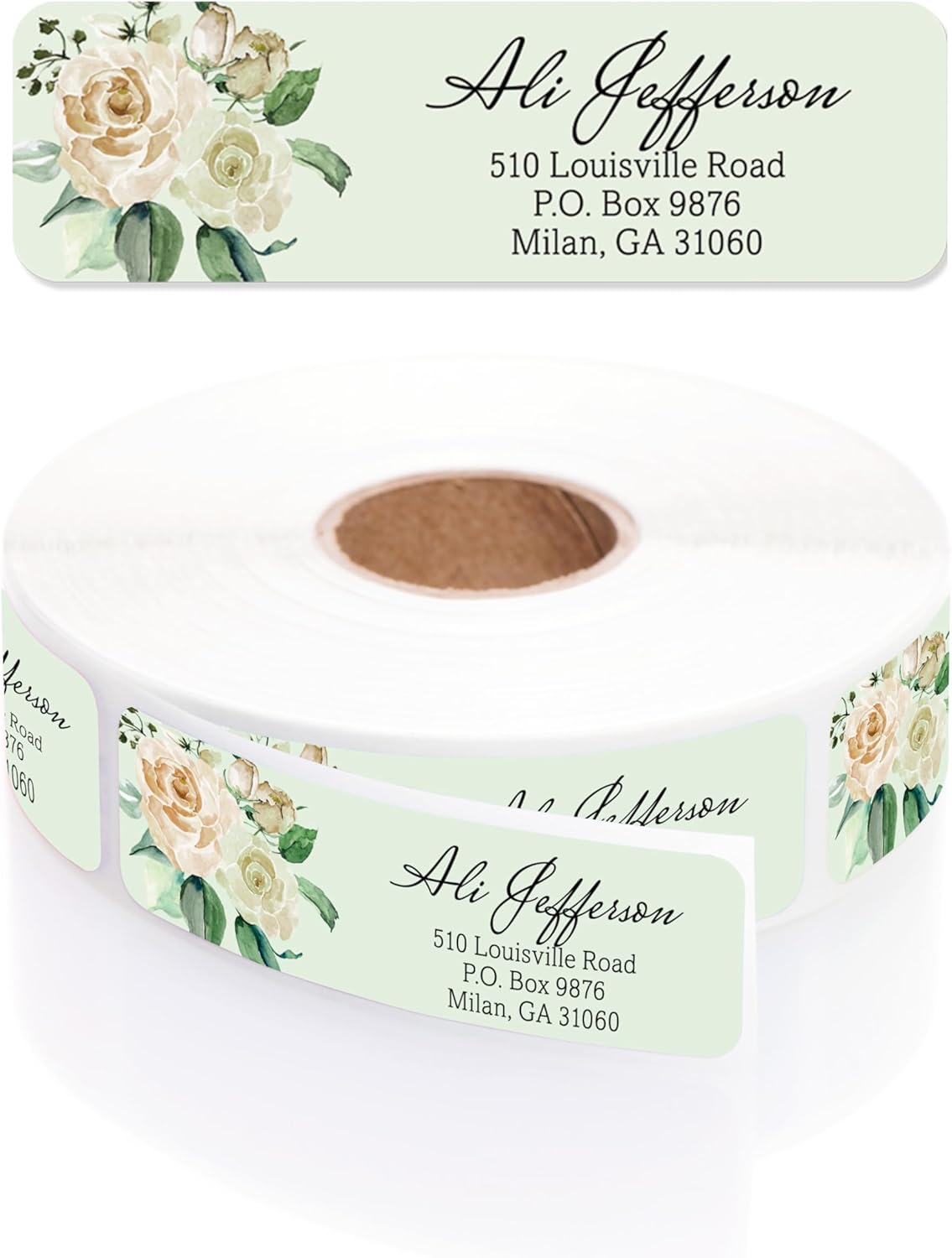 Green Watercolor Floral Rolled Address Labels / 500 Personalized Return Address Labels/Designer Address Stickers in Elegant Plastic Dispenser
