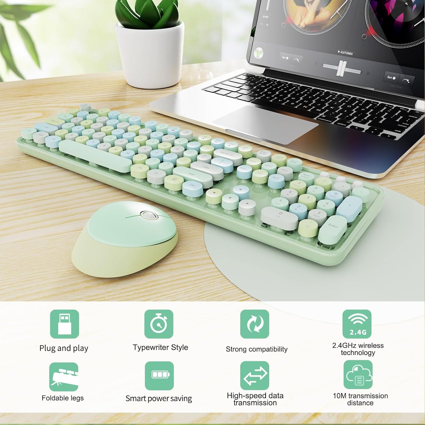 Wireless Keyboard and Mouse Combo, Ergonomic Full Size Typewriter Retro Round Keycaps Keyboard, Compatible with Windows, PC, Perfer for Home and Office Keyboards (Green