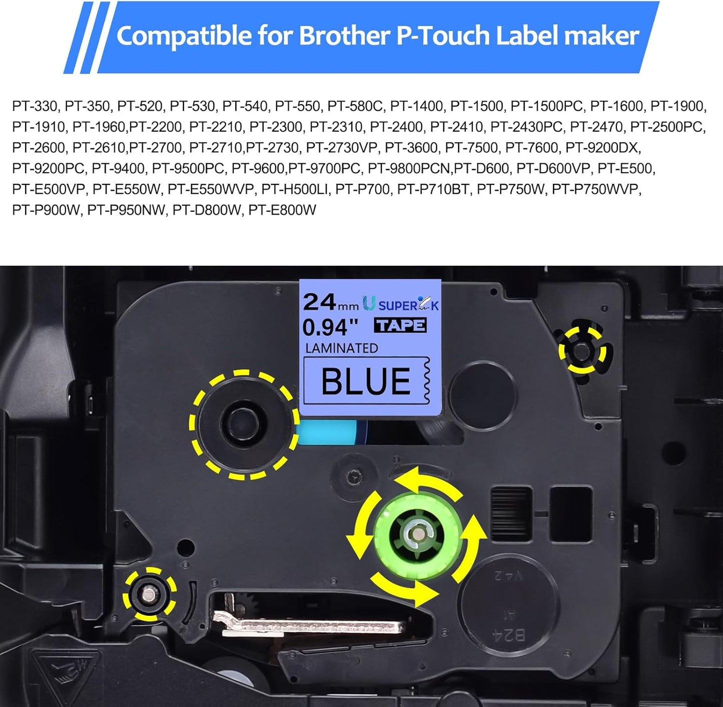 6PK Compatible for Brother P-Touch Label Maker Tape TZe-551 TZ-551 TZe551 TZ551 Black on Blue 24mm 0.94 inch 1'' x 26.2ft Laminated TZe TZ Label Tape for PT-2500PC PT-2600 PT-2610 PT-2700