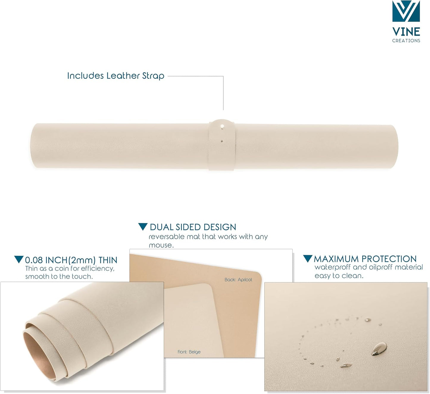 Vine Creations Leather Desk Mat Large 44" x 22", Desk Protector Mat, PU Leather Desk Pad, Large Mouse Pad Desk Blotter, Desk Pads on Top of Desks, Desk Matt for desktop Office Desk Mat (Beige/Apricot)