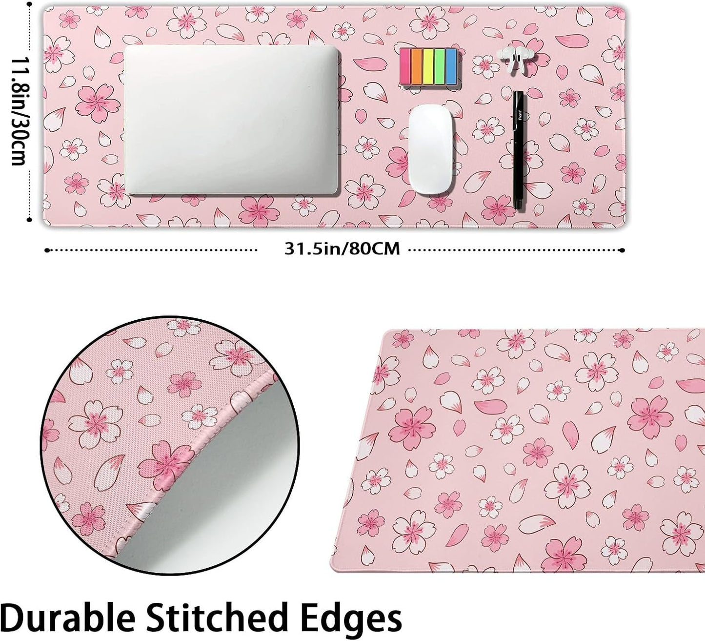 Pink Cherry Blossom Gaming Mouse Pad XL Cute Anime Aesthetics Floral Extended Kawaii Flowers Large Mousepad Non-Slip Rubber Base Stitched Edge Long Keyboard Desk Mat for Computer,31.5×11.8 Inch