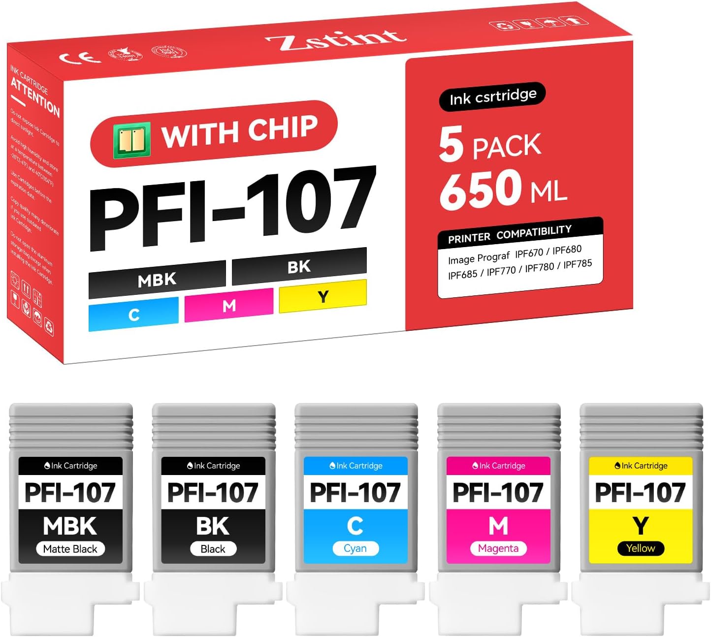 PFI-107 Ink Tank Set 5-Pack 130ml High Capacity Replacement for Canon PFI-107 PFI107 Ink Cartridges Compatible with Canon Color imagePROGRAF iPF670 iPF680 iPF685 iPF770 iPF780 iPF785 Inkjet Printer