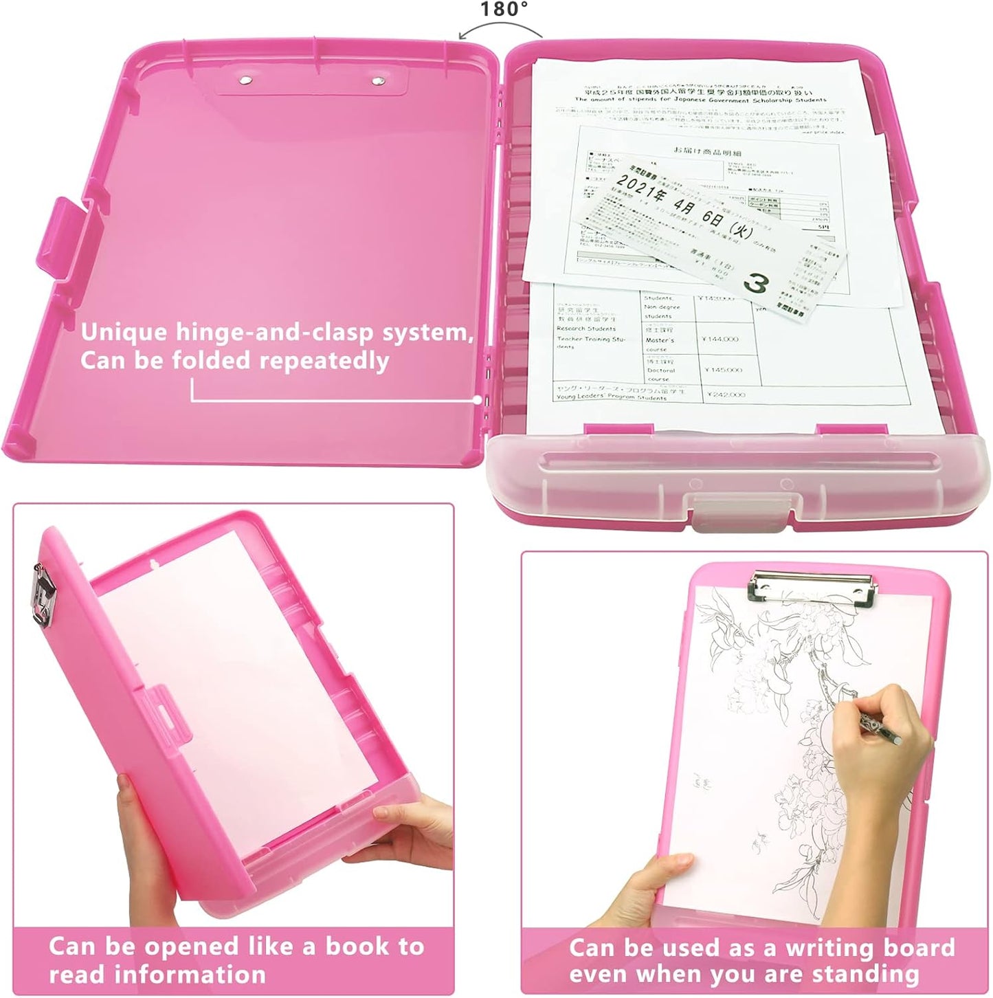 Clipboard with Storage,A4 Binder Nursing Clipboards with Pen Holder,Heavy Duty Storage Clipboard with Low Profile Clip,Clipboards Folder Side-Opening,Smooth Writing Clip Board Office Supplies(Pink)