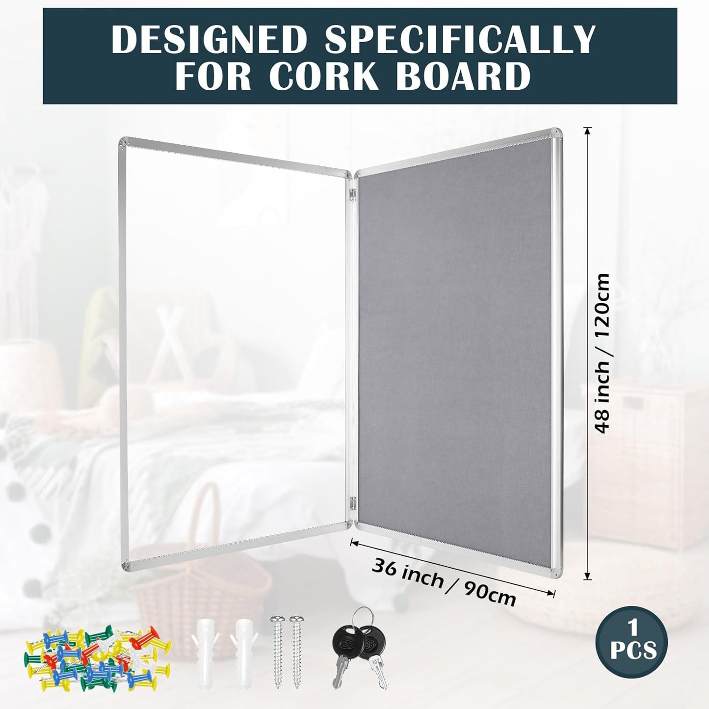 Suzile 1 Pcs Gray Enclosed Bulletin Board Lockable Cork Case Notice Board Aluminum Framed Waterproof Locking Cabinet with Mounting Screws for School Class Office Wall Display Pictures 48x36 Inch
