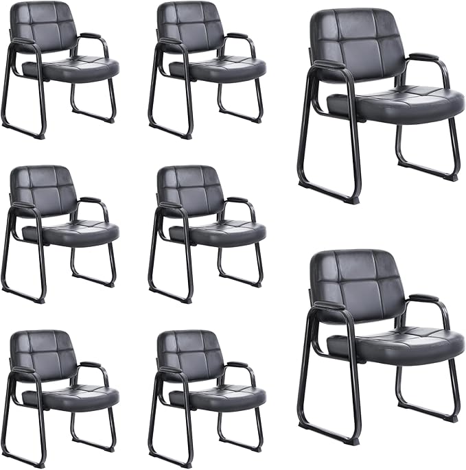 CLATINA Big & Tall Waiting Room Guest Chair with Bonded Leather Padded Arm Rest and Sled Base for Office Reception Lobby and Conference Desk, Black(8 Pack)